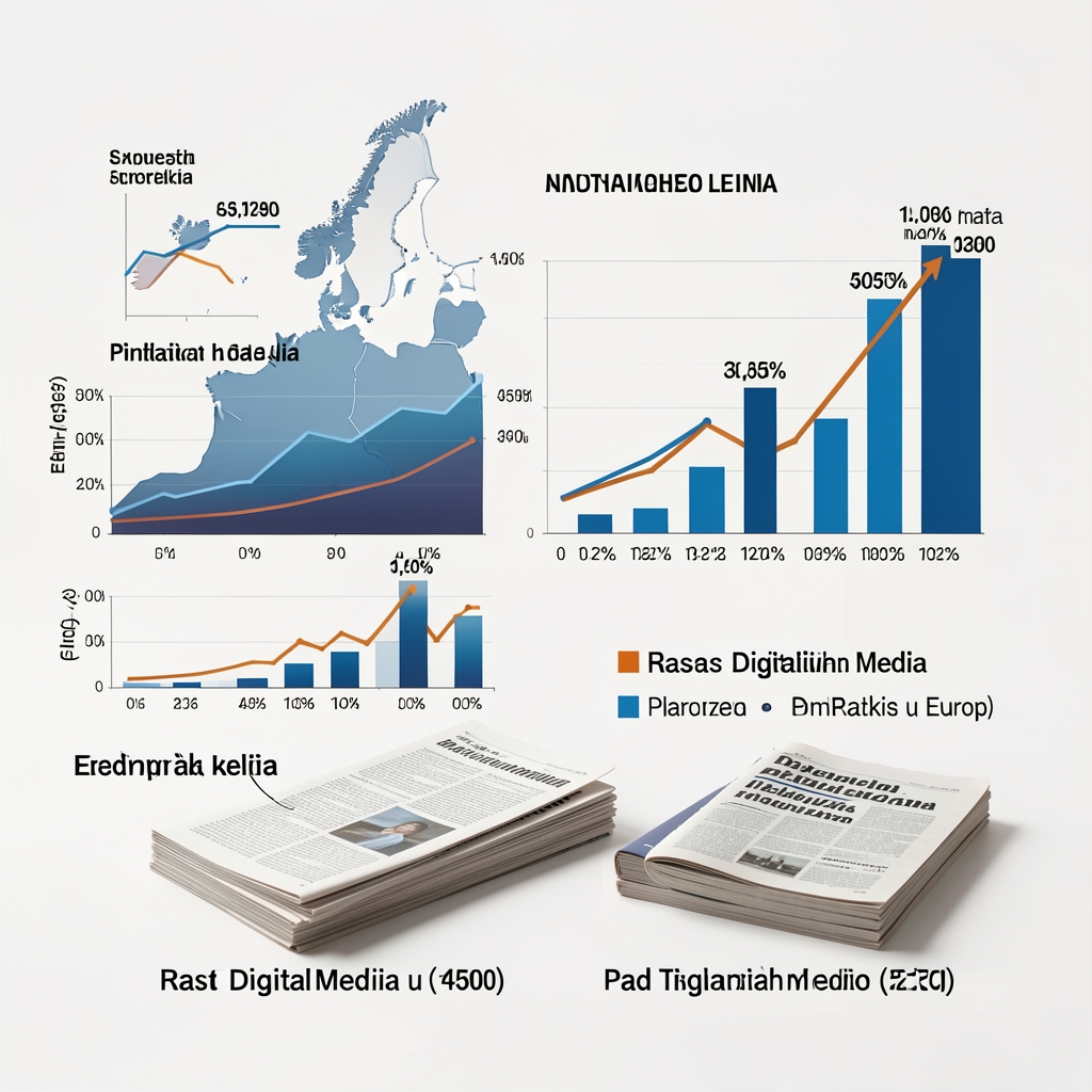 Infografika koja prikazuje rast digitalnih medija s grafikonima, postotcima i statistikama medijske industrije na modernom analitičkom sučelju