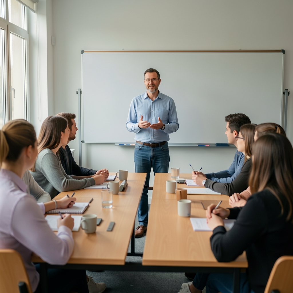 Profesor drži predavanje o kritičkom mišljenju pred grupom studenata koji aktivno sudjeluju u diskusiji