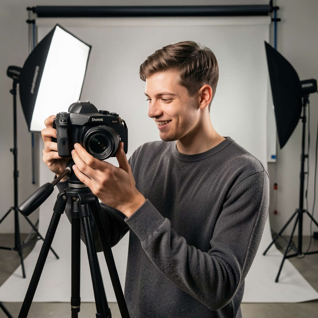 Mladi influencer koji snima video sadržaj s profesionalnom rasvjetom i kamerom u uređenom studijskom prostoru