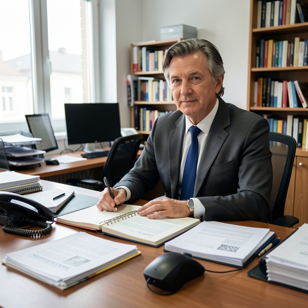 Novinar za stolom s otvorenim bilježnicama, dokumentima i diktafonom, studiozna atmosfera redakcijskog novinskog ureda