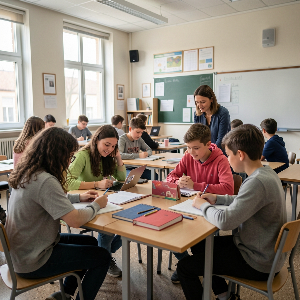 Mladi učenici u učionici koji uče kritički pristupati medijskim sadržajima uz pomoć nastavnika, moderna školska učionica