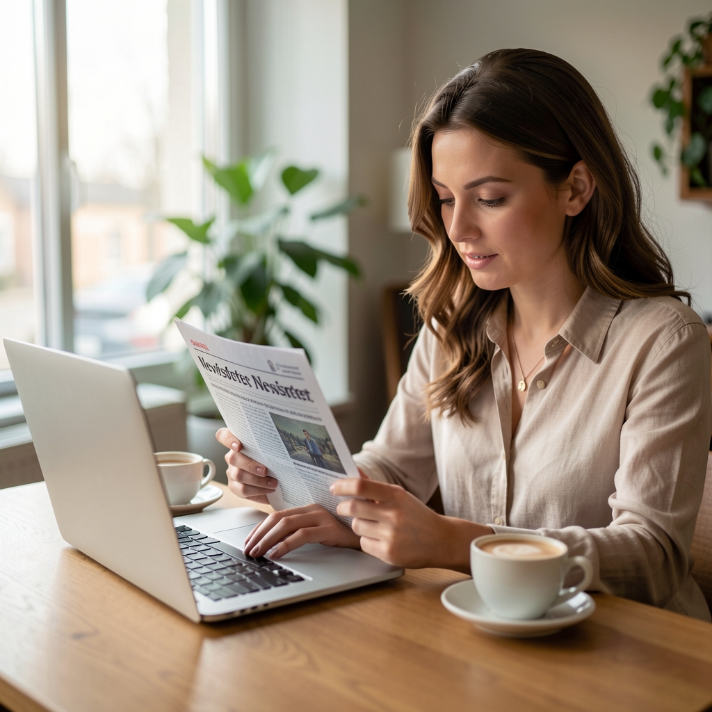 Profesionalna žena čita novinski newsletter na laptopu uz jutarnju kavu, simbolizira rast newslettera kao medijskog formata