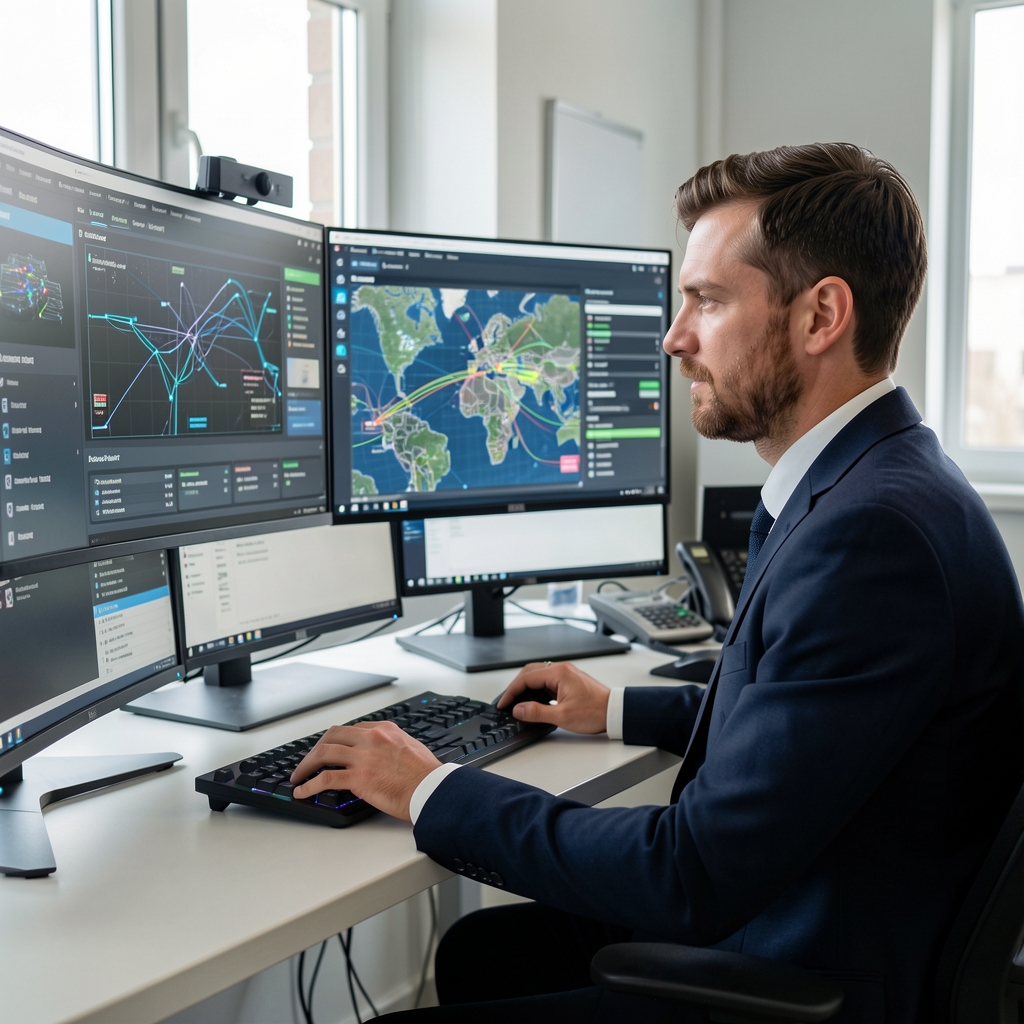 Analitičar u digitalnoj istražnoj sobi s više monitora koji prikazuju OSINT alate i karte praćenja informacija