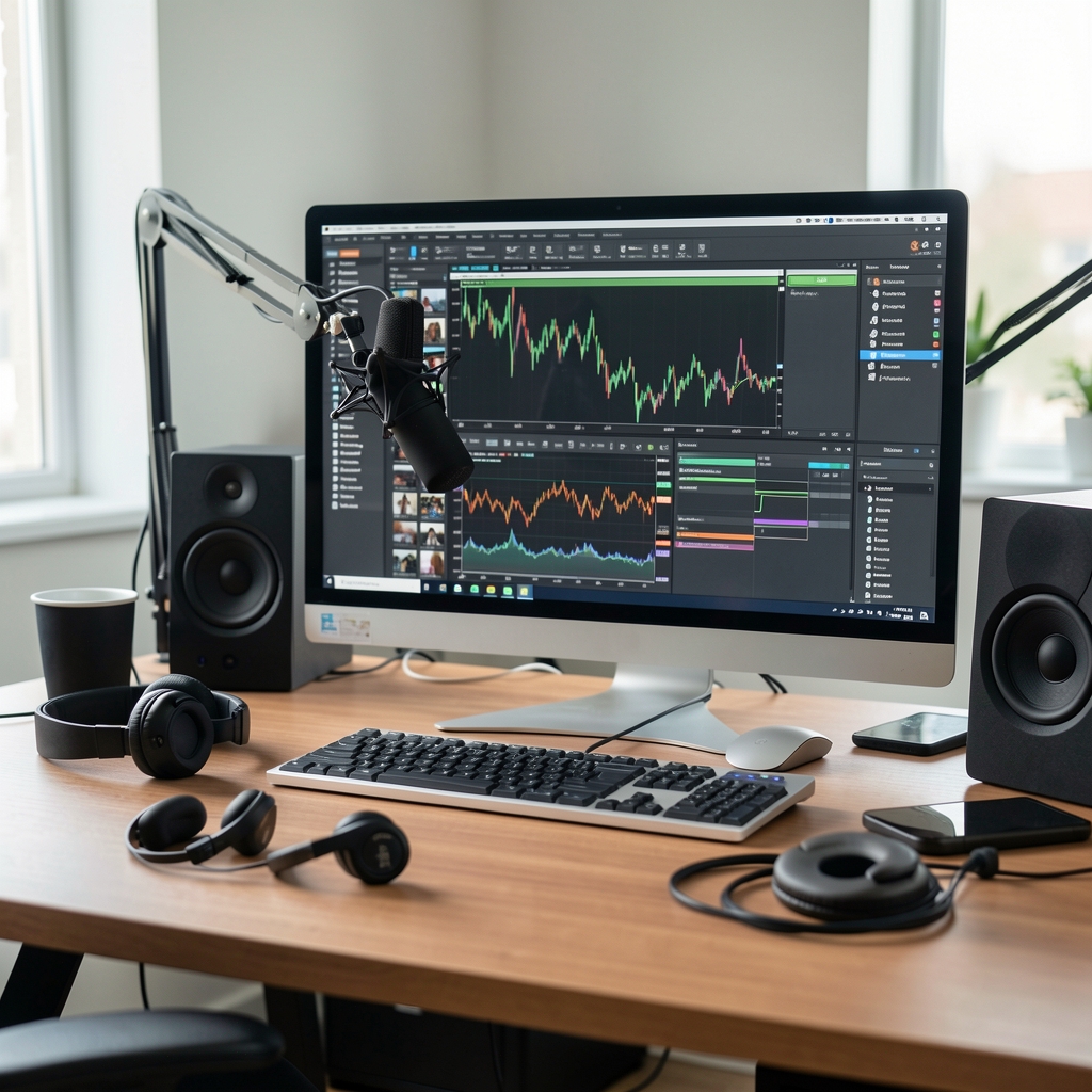 Osobna podcast oprema s mikrofonom, slušalicama i audio softverom na uređenom radnom stolu, prikazuje rast podcast industrije
