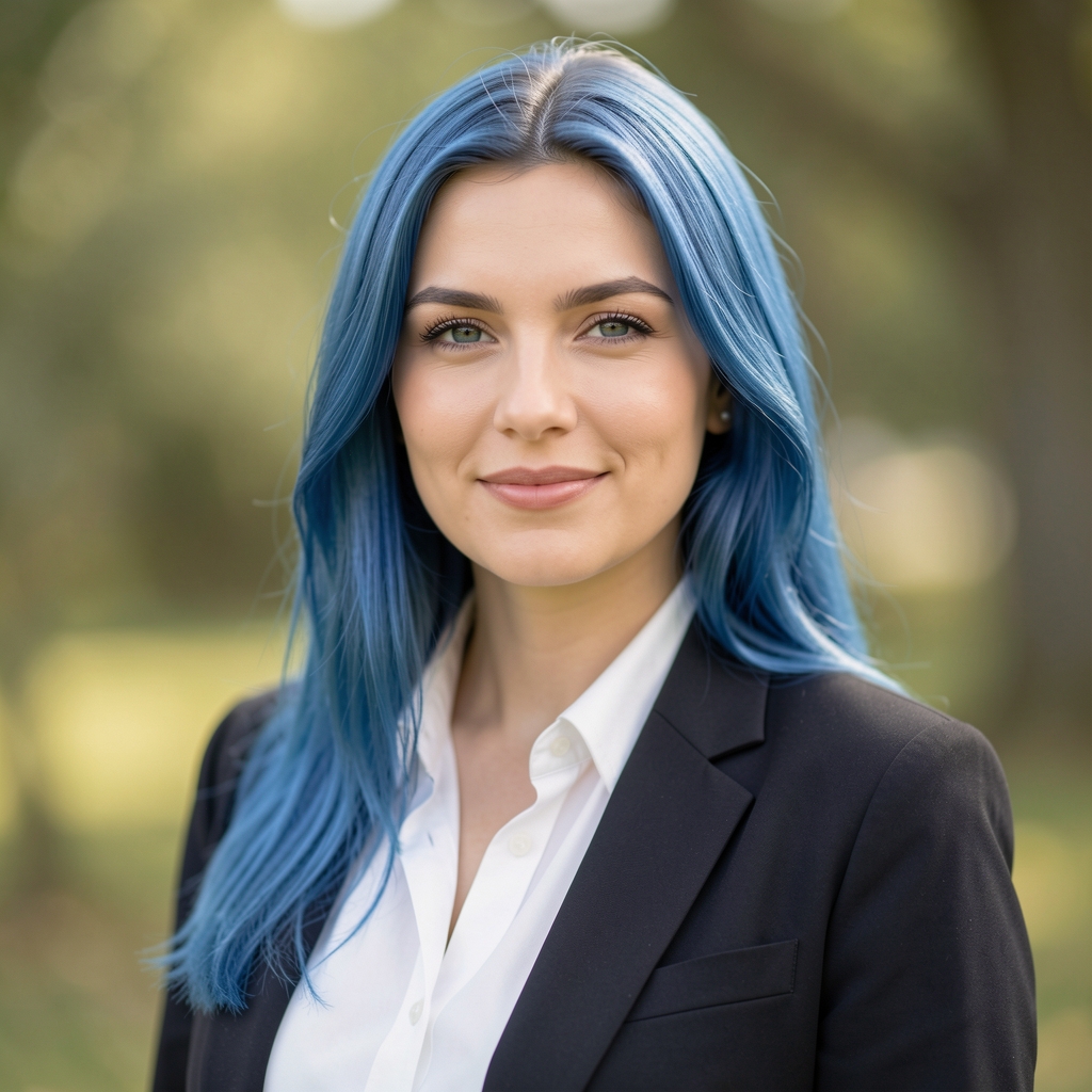 Ana Kovačević, novinarka i analitičarka, mlada žena s plavom kosom, profesionalni portret na laganoj pozadini, otvorena i pristupačna pojava
