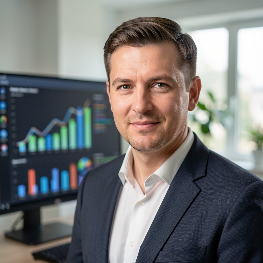Marko Šimić, data novinar i vizualizator podataka, muškarac u tridesetima, portret u modernom uredskom ambijentu uz ekran s grafovima