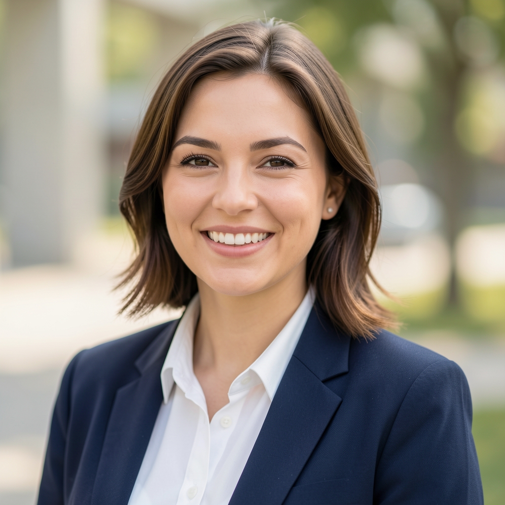 Petra Novak, novinarka za medijsku pismenost i obrazovanje, žena u tridesetima s prirodnim smiješkom, portret na bijeloj pozadini u profesionalnom odjevnim stilu